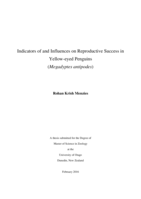 Indicators of and Influences on Reproductive Success in Yellow-eyed Penguins (Megadyptes antipodes)