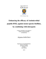 Enhancing the efficacy of antimicrobial peptide BM2, against mono-species biofilms, by combining with detergents.