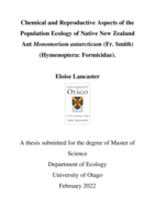 Chemical and Reproductive Aspects of the Population Ecology of Native New Zealand Ant Monomorium antarcticum (Fr. Smith) (Hymenoptera: Formicidae).