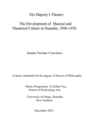 His Majesty's Theatre: The development of musical and theatrical culture in Dunedin, 1896-1930