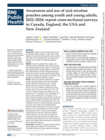 Awareness and use of oral nicotine pouches among youth and young adults, 2022–2024: repeat cross-sectional surveys in Canada, England, the USA and New Zealand