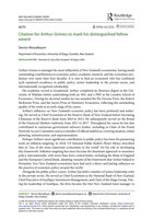 Citation for Arthur Grimes to mark his distinguished fellow award
